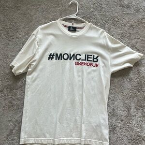 Moncler White Graphic Tee with Black and Red Accents